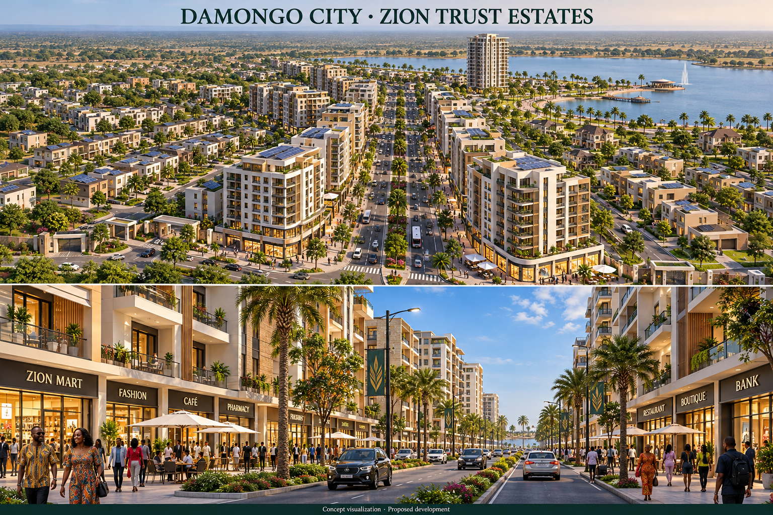 Proposed Damongo city aerial and street-view architectural concept