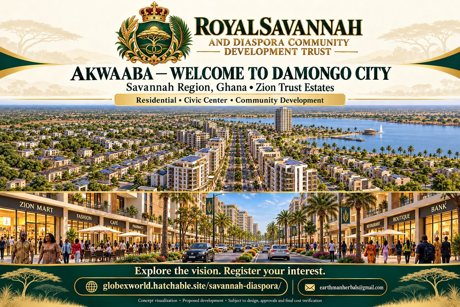 Royal Savannah and Diaspora Community Development Trust: Akwaaba, welcome to Damongo City, Savannah Region, Ghana. Proposed residential, Civic Center and community development.