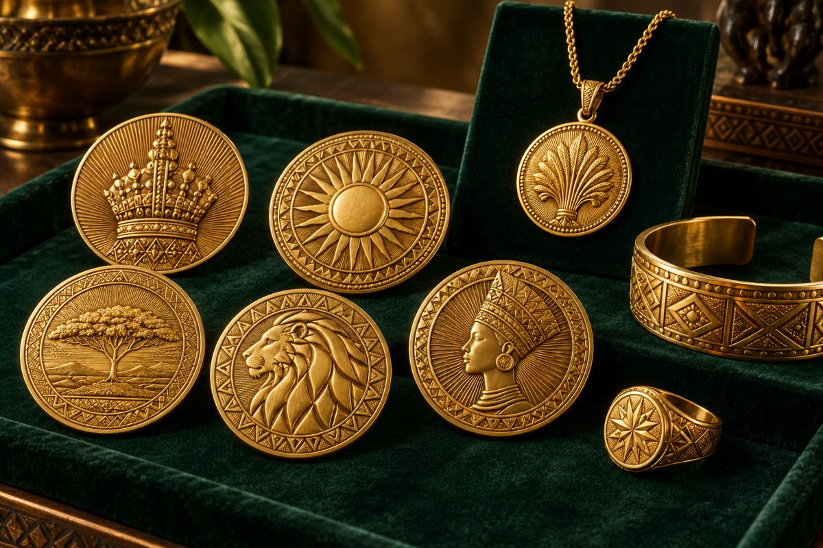 Concept arrangement of commemorative gold medallions, a pendant necklace, ring and bracelet on green velvet